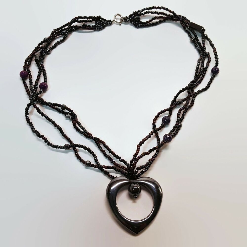 Beaded Hematite Heart Handcrafted Necklace With Sterling Silver Clasp